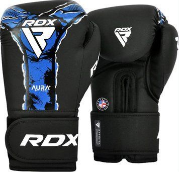 Боксерські рукавиці RDX BOXING GLOVES NEW AURA F17 чорний, синій Уні 10 унцій BGR-F17BU фото
